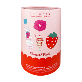 Set spuma de baie cu parfum de capsune, scrunchy, burete si sticker desert cu capsune, Sweet Pink, Inuwet, 4 articole