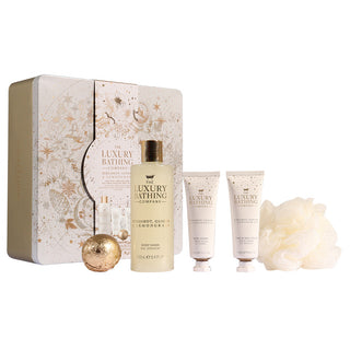 Set Cadou Luxury Bathing, Bergamot, Ginger & Lemongrass, Crema Corp, Crema Maini si Unghii, Bila de Baie, Gel de Dus, Burete Exfoliant Corp, Cutie Metalica Reutilizabila cu Capac, The Luxury Bathing Company, 5 articole