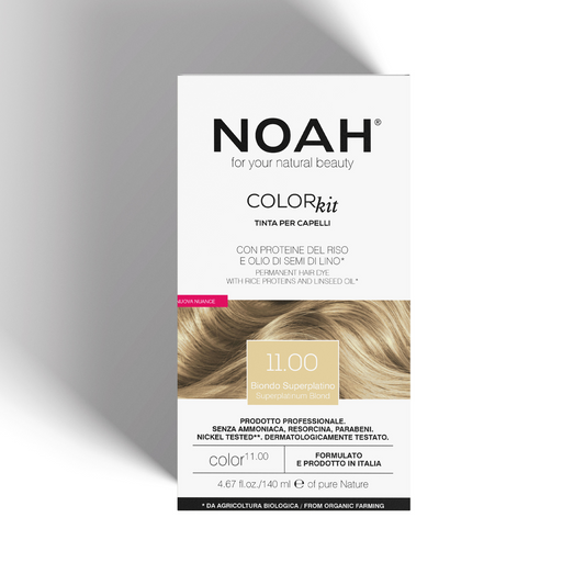 Vopsea de par permanenta, fara amoniac, cu proteina de orez si ulei de in organic, 11.00 Blond super platinat, NOAH, 140 ml