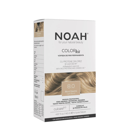 Vopsea de par permanenta, fara amoniac, cu proteina de orez si ulei de in organic, 8.0 Blond deschis, NOAH COLOR kit, 140 ml