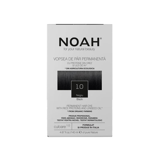 Vopsea de par permanenta, fara amoniac, cu proteina de orez si ulei de in organic, 1.0 Negru, NOAH, 140 ml