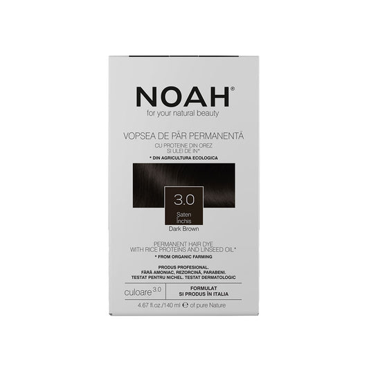 Vopsea de par permanenta, fara amoniac, cu proteina de orez si ulei de in organic, 3.0 Saten inchis, NOAH, 140 ml