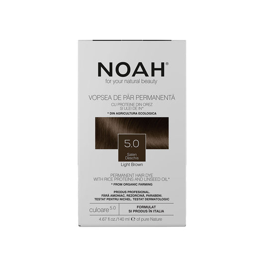 Vopsea de par permanenta, fara amoniac, cu proteina de orez si ulei de in organic, 5.0 Saten deschis, NOAH, 140 ml