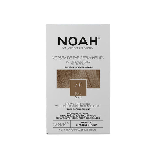 Vopsea de par permanenta, fara amoniac, cu proteina de orez si ulei de in organic, 7.0 Blond, NOAH, 140 ml