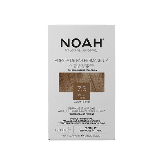 Vopsea de par permanenta, fara amoniac, cu proteina de orez si ulei de in organic, 7.3 Blond auriu, NOAH, 140 ml