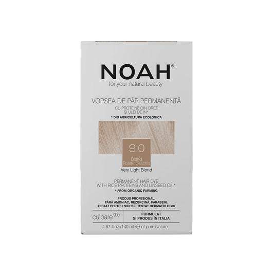 Vopsea de par permanenta, fara amoniac, cu proteina de orez si ulei de in organic, 9.0 Blond foarte deschis, NOAH, 140 ml