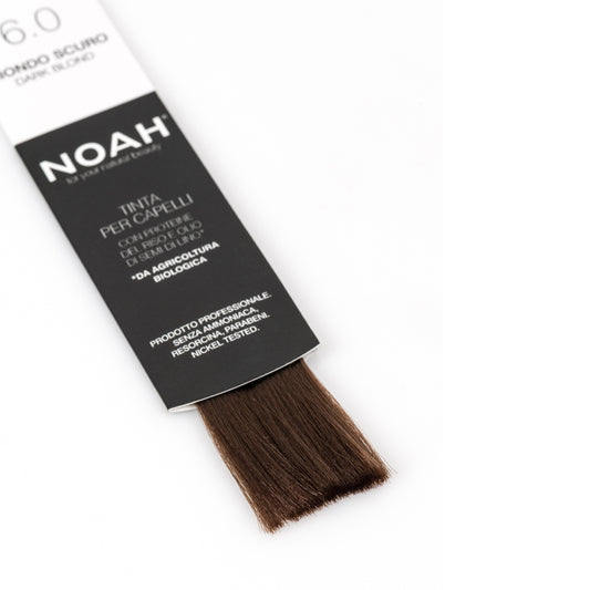 Vopsea de par permanenta, fara amoniac, cu proteina de orez si ulei de in organic, 6.0 Blond inchis, NOAH COLOR kit, 140 ml