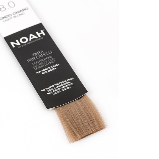 Vopsea de par permanenta, fara amoniac, cu proteina de orez si ulei de in organic, 8.0 Blond deschis, NOAH COLOR kit, 140 ml