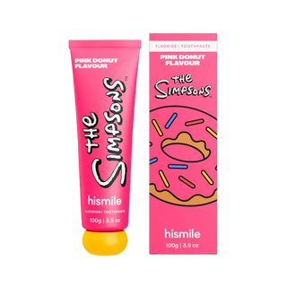 A tube and box of Hismile 'The Simpsons' Pink Donut Flavour fluoride toothpaste, featuring a bright pink design with a yellow donut illustration and a yellow cap on the tube.