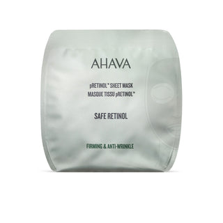A single AHAVA pRetinol sheet mask in its silver foil packaging, shown against a plain white background.