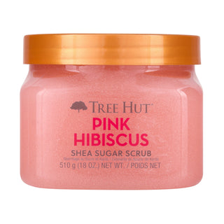Tree Hut Pink Hibiscus Shea Sugar Scrub in a clear plastic jar with a metallic gold lid, on a white background.