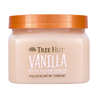 Jar of Tree Hut Vanilla Shea Sugar Scrub with orange lid on a white background