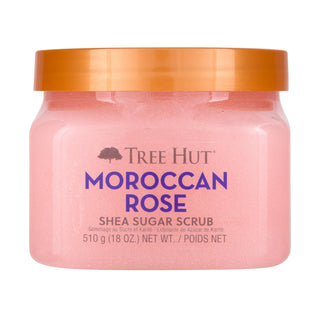 Tree Hut Moroccan Rose Shea Sugar Scrub in a pink jar with an orange lid, on a white background.