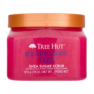 Tree Hut Raspberry Fizz Shea Sugar Scrub in a bright pink jar with an orange lid, on a white background.