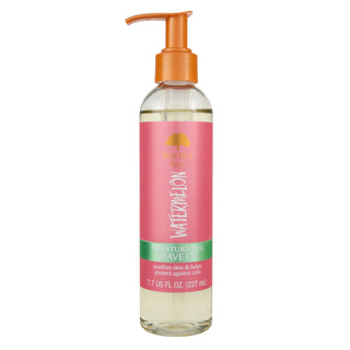 Bottle of watermelon-flavored shave gel with a pump on a white background