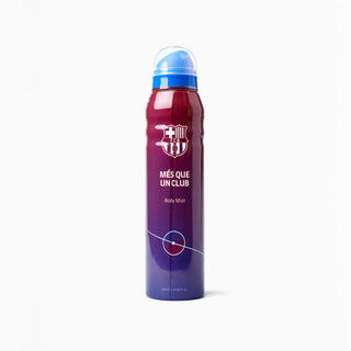 A 180ml can of FC Barcelona 'Més Que Un Club' Body Mist, featuring a metallic purple-to-red gradient design with the club's crest and white text, topped with a blue cap, on a clean white background.