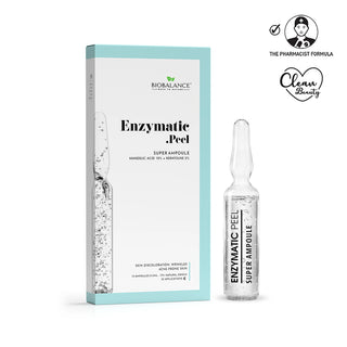 Bioralance Enzymatic Peel Super Ampoule set, featuring a light blue and white outer box alongside a single clear glass ampoule with a white cap, shown on a white background with two certification logos in the top right.