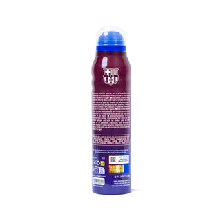 FC Barcelona branded deodorant spray canister shown from the back, featuring the club crest, product details in Spanish, and a blue cap on a white background.