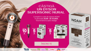 Promotional advertisement for a Dyson Supersonic hair dryer and Noah hair care products with a pink circle in the center.