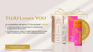 Cosmetic products with promotional text on a light background