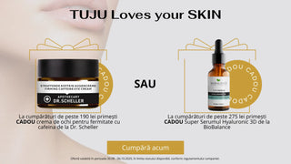 Reclama pentru produse TUJU skincare pe background luminos cu 2 produse cadou, o crema de ochi de la dr sheller si serum hyaluronic de la biobalance