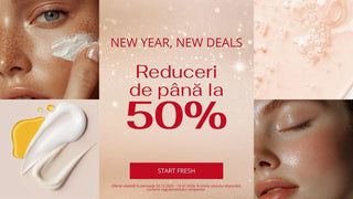 Cosmetic advertisement with text 'New Year, New Deals' and 'Reduceri de pánã la 50%' on a beige background.