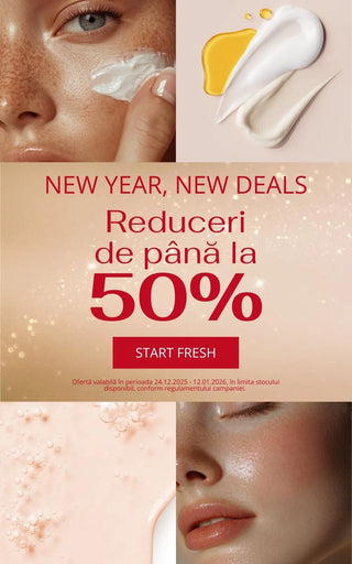 Cosmetic advertisement with text 'New Year, New Deals' and 'Reduceri de pana la 50%' on a beige background.