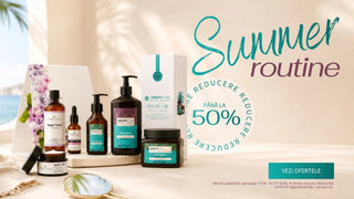 Cosmetic products with 'Summer routine' text and promotional offer on a beach setting