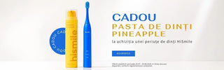 Cadou toothpaste and electric toothbrush set against a white background with blue and yellow text. The set includes a yellow cylindrical toothpaste container, a blue electric toothbrush, and a blue circular badge.
