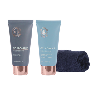 Set cadou Groom & Go, GC Homme, 100 ml Gel de dus, 100 ml Sampon pentru par si barba, Prosop Luxury din bumbac & Cutie de metal reutilizabila cu inchidere, The Luxury Bathing Company
