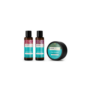 A hair care set from Arsam Organics on a white background, featuring two amber glass bottles (Conditioner and Shampoo) with pink and teal labels, and a black jar of Hair Mask with a teal label.