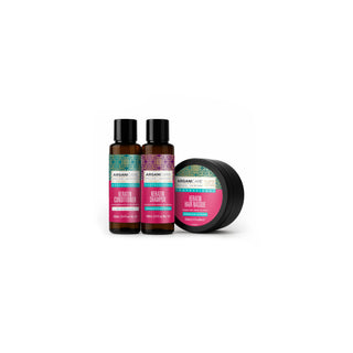 A three-piece hair care set from Argan-Jade on a white background, including a hair conditioner bottle, a hair growth serum bottle, and a hair growth balm jar.
