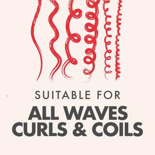 A graphic with four red hand-drawn curly and wavy hair strands above the text 'SUITABLE FOR ALL WAVES CURLS & COILS' on a light warm background.