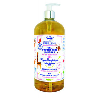 A bottle of Freens Bio baby shower gel with a white pump dispenser, containing golden-yellow liquid, on a plain white background.
