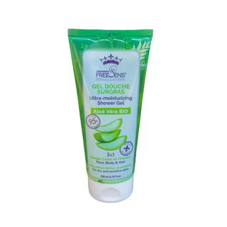 A squeeze tube of Freyens Aloe Vera Bio Ultra-moisturizing Shower Gel, featuring a green and white design with illustrations of aloe vera leaves, on a plain white background.