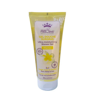 A squeeze tube of Laurence Free Jens Gel Douche Surplus Ultra-moisturising Shower Gel in the Monai scent, featuring a yellow and white design with a plumeria flower illustration.