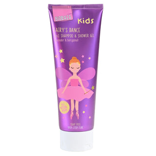 A squeeze tube of Biobaza Kids Fairy's Dance 2-in-1 Shampoo & Shower Gel, featuring a purple background with a pink fairy illustration and yellow stars, on a white background.