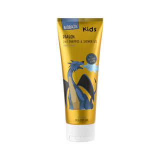 Tube of shampoo and shower gel for kids with dragon design on a white background