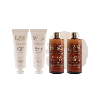 Set cadou Pure Indulgence, Warm Vanilla & Fig, 100 ml Gel de dus, 100 ml Spuma de baie, 50 ml Crema pentru maini si unghii, 50 ml Crema corp, Burete exfoliant corp & Borcan de sticla reutilizabil cu capac, The Luxury Bathing Company Tuju -