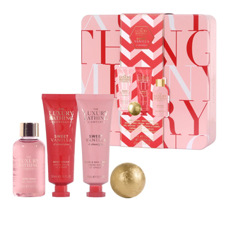 Set cadou Relax & Unwind, Sweet Vanilla & Almond Glaze, 50 ml Crema pentru maini si unghii, 50 ml Crema corp, 50 ml Gel de dus, 25 g Bila de baie & Cutie de metal reutilizabila cu capac, The Luxury Bathing Company