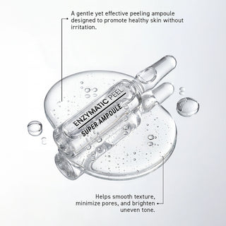 A clear glass peeling ampoule labeled 'ENZYMATIC PEEL SUPER AMPOULE' floating on a light gray background with decorative bubbles and descriptive text callouts around it.