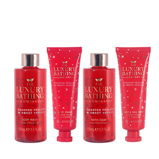 Set cadou Tis The Season, Toasted Praline & Sweet Vanilla, 100 ml Spumă de baie, 100 ml Gel de dus, 50 ml Crema pentru maini si unghii, & 50 ml Crema corp, The Luxury Bathing Company Tuju -