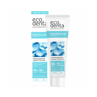 Eco Denta remineralizing toothpaste tube and packaging on a white background