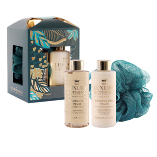 Set cadou Glamorous Glow, Sparkling Pear & Nectarine Blossom, 100 ml Gel de dus, 100 ml Lotiune corp & Burete exfoliant corp, The Luxury Bathing Company Tuju -
