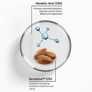 A clear round petri dish on a white background with text labels. Inside the dish are three brown almonds and a blue molecular graphic.