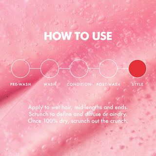 Instruction graphic with a pink water-droplet background and the heading 'HOW TO USE'. A horizontal sequence of labeled circles reads PRE-WASH, WASH, CONDITION, POST-WASH, STYLE, with the final circle filled red.