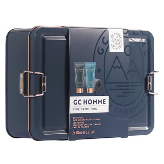 Set Cadou On the Go, GC Homme Fine Grooming, Gel de Dus, Sampon pentru Par si Barba, Prosop Reutilizabil, Cutie Metalica Reutilizabila cu Inchidere, The Luxury Bathing Company, 3 articole