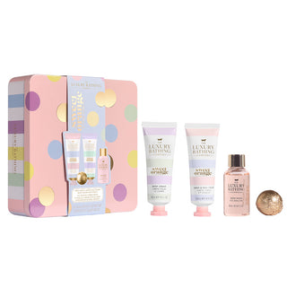 Set Cadou Relax & Unwind, Sweet Orange & Ylang Ylang, Crema Maini si Unghii, Crema Corp, Gel de Dus, Bila de Baie, Cutie Metalica cu Print si Capac, The Luxury Bathing Company, 4 articole