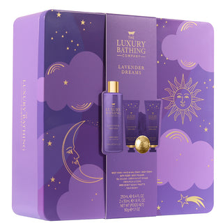 Set Cadou Sweet Dreams, Lavender, Gel de Dus, Crema Corp, Crema Maini si Unghii, Bila de Baie, Burete Exfoliant Corp, Cutie Metalica Reutilizabila cu Capac, The Luxury Bathing Company, 5 articole