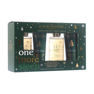 Set Cadou One More Sleep, Toasted Praline & Sweet Vanilla, Spuma de Baie, Gel de Dus, Crema Maini si Unghii, Crema Corp, The Luxury Bathing Company, 4 articole